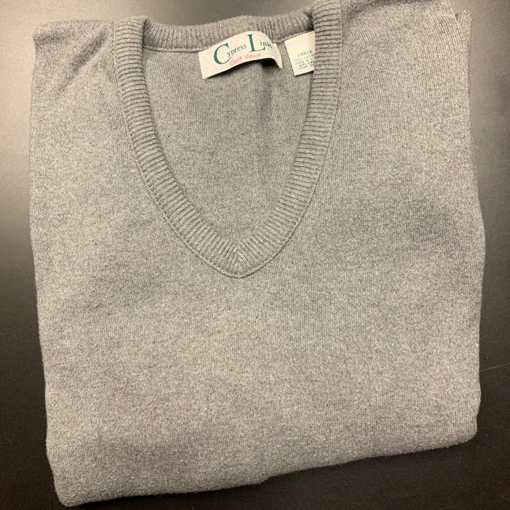 V-Neck Sweater Gray 100% Cotton Made in USA Large